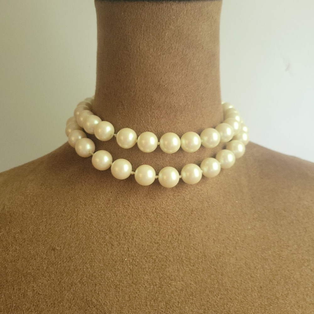 Vintage Double Strand Faux Pearl Choker Necklace Gold Tone 12-14.5in